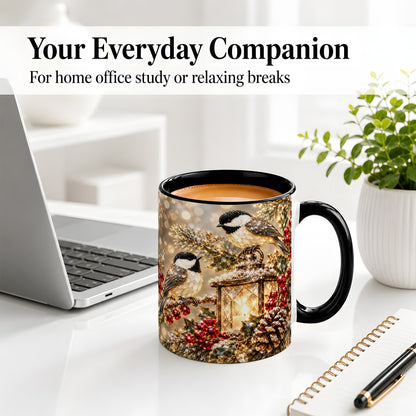 #pl[11oz|Black] Winter Chickadee Ceramic Mug, Lantern and Red Berry Artwork
