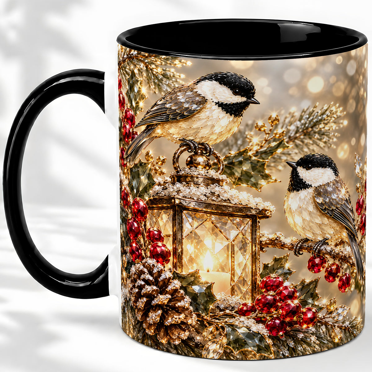 #pl[11oz|Black] Winter Chickadee Ceramic Mug, Lantern and Red Berry Artwork