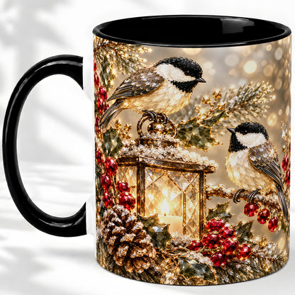 #pl[11oz|Black] Winter Chickadee Ceramic Mug, Lantern and Red Berry Artwork
