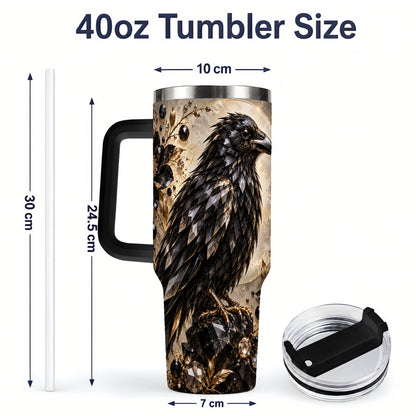 #pl[40oz|Black] Black Raven Floral 40oz Tumbler, Moon and Gem-Inspired Bird Artwork