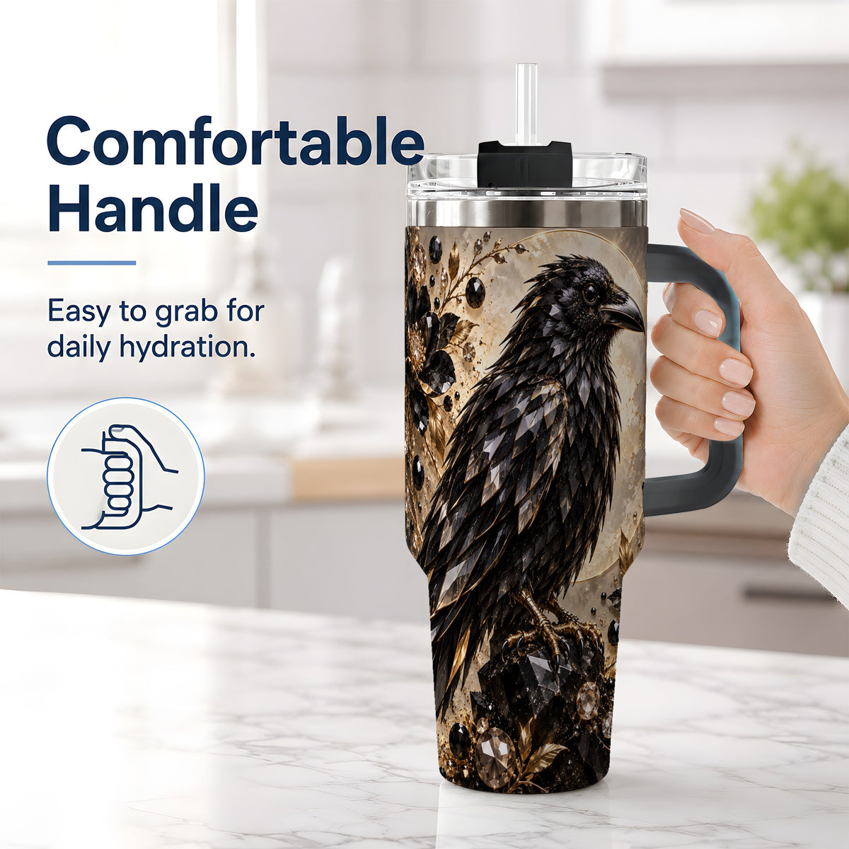 #pl[40oz|Black] Black Raven Floral 40oz Tumbler, Moon and Gem-Inspired Bird Artwork