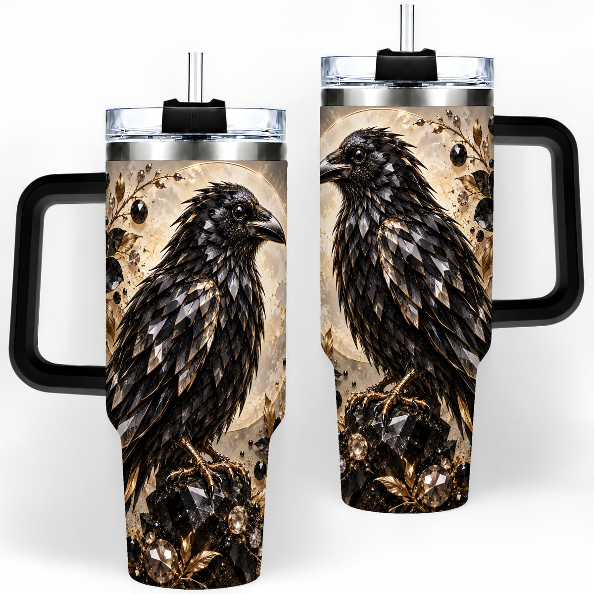 #pl[40oz|Black] Black Raven Floral 40oz Tumbler, Moon and Gem-Inspired Bird Artwork
