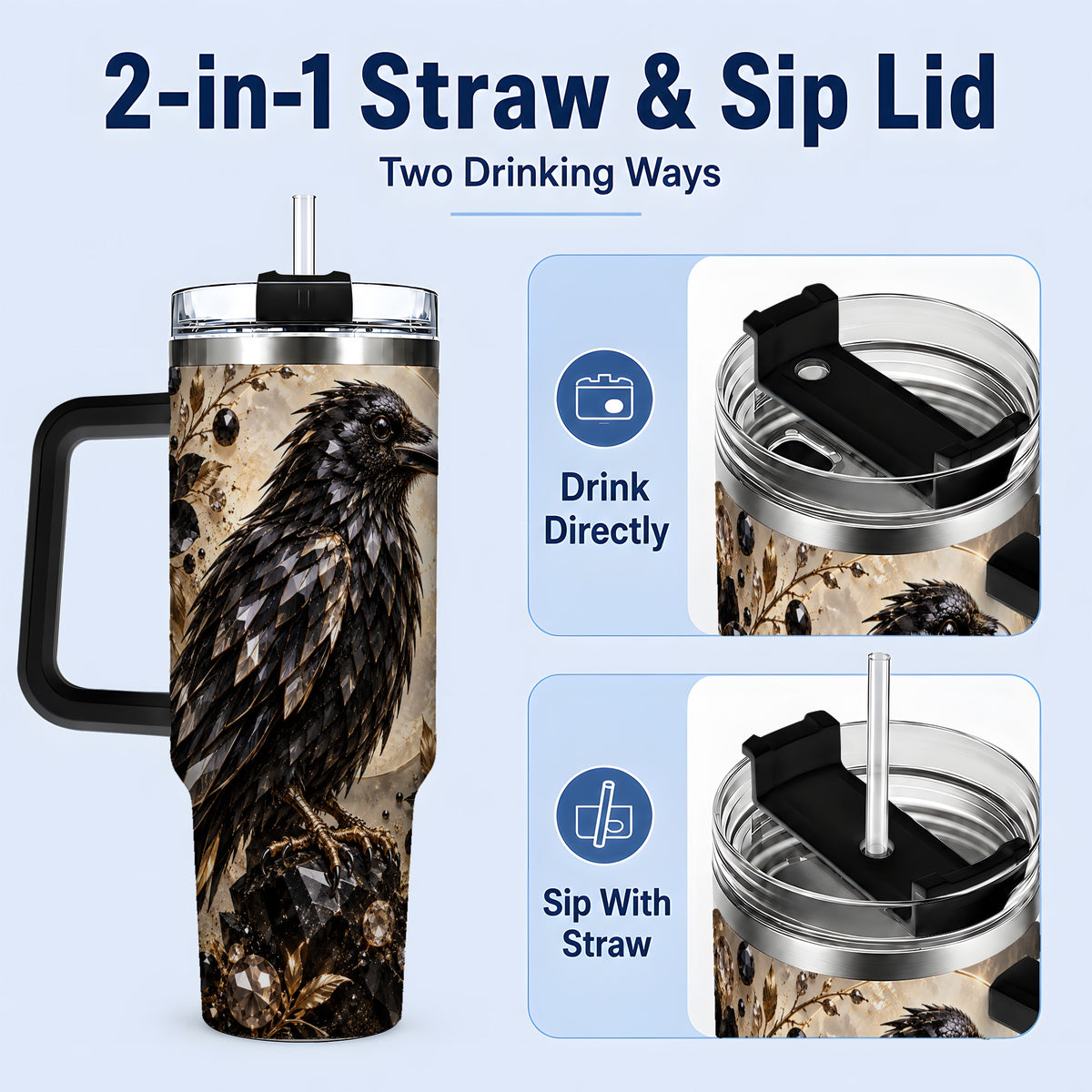 #pl[40oz|Black] Black Raven Floral 40oz Tumbler, Moon and Gem-Inspired Bird Artwork