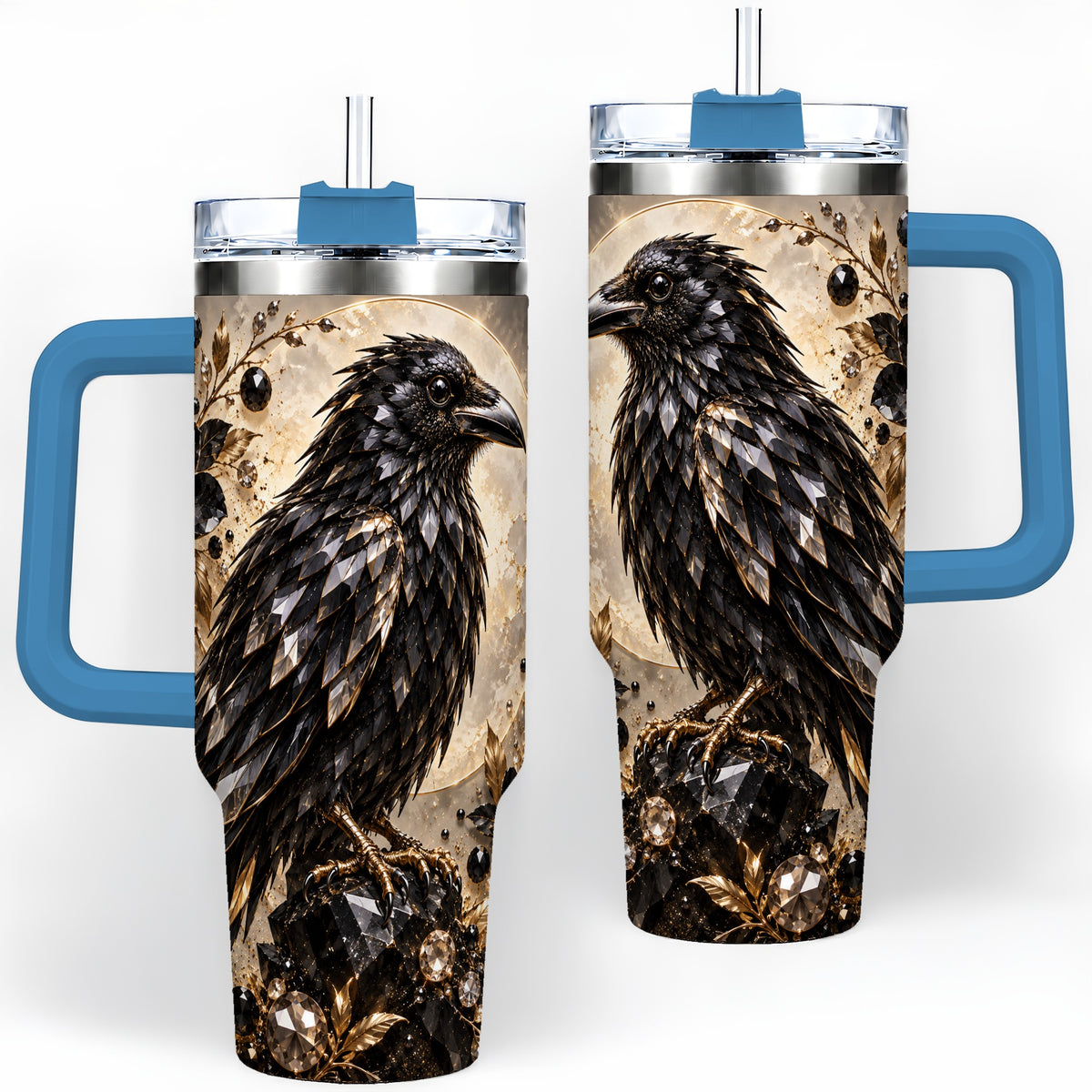 #pl[40oz|Blue] Black Raven Floral 40oz Tumbler, Moon and Gem-Inspired Bird Artwork