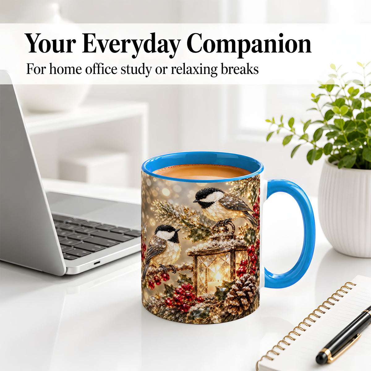 #pl[11oz|Blue] Winter Chickadee Ceramic Mug, Lantern and Red Berry Artwork