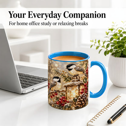 #pl[11oz|Blue] Winter Chickadee Ceramic Mug, Lantern and Red Berry Artwork