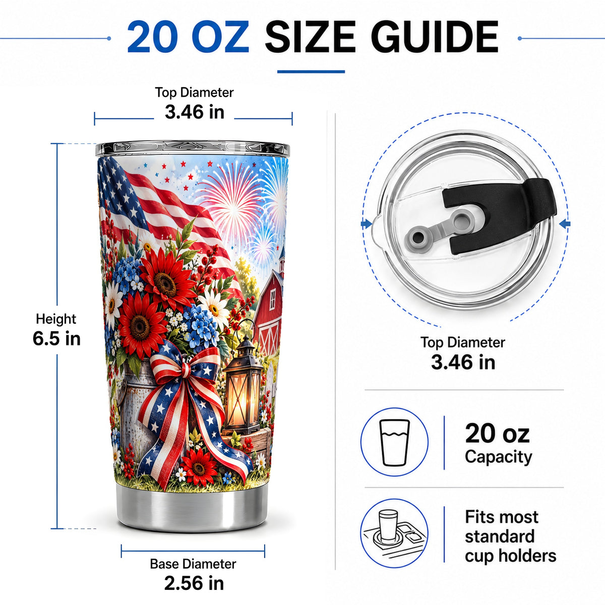 #pl[20oz|Steel] Patriotic Floral 20oz Tumbler, Stainless Steel Americana Drinkware