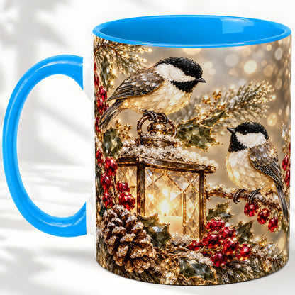 #pl[11oz|Blue] Winter Chickadee Ceramic Mug, Lantern and Red Berry Artwork
