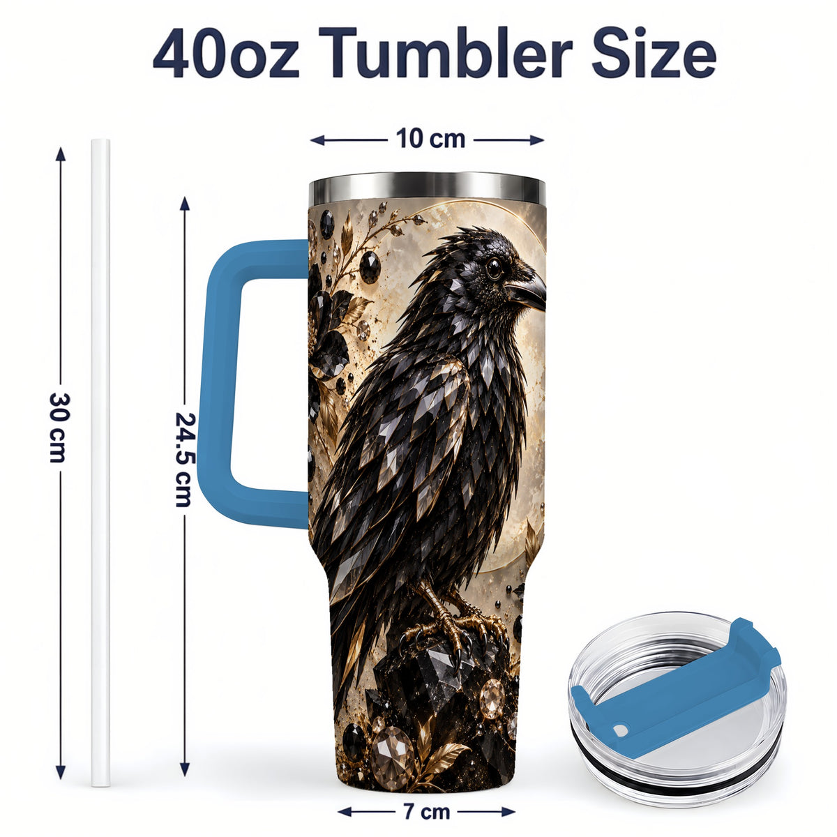 #pl[40oz|Blue] Black Raven Floral 40oz Tumbler, Moon and Gem-Inspired Bird Artwork