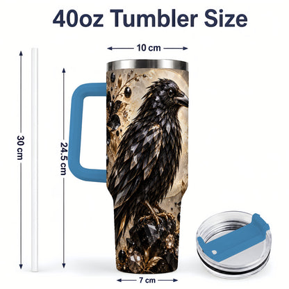 #pl[40oz|Blue] Black Raven Floral 40oz Tumbler, Moon and Gem-Inspired Bird Artwork