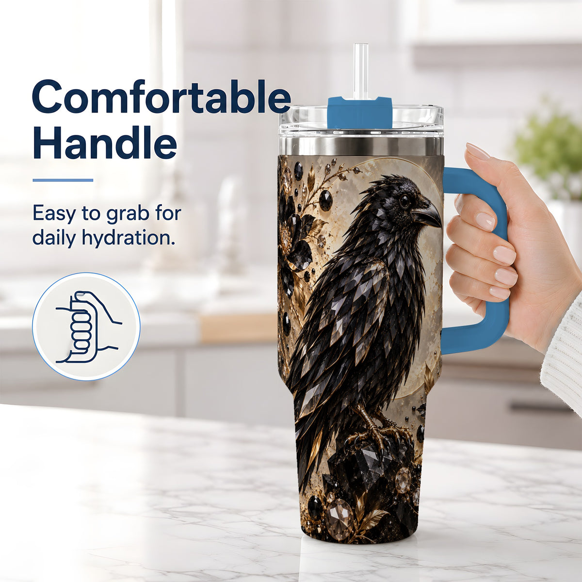 #pl[40oz|Blue] Black Raven Floral 40oz Tumbler, Moon and Gem-Inspired Bird Artwork