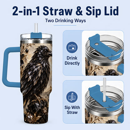 #pl[40oz|Blue] Black Raven Floral 40oz Tumbler, Moon and Gem-Inspired Bird Artwork