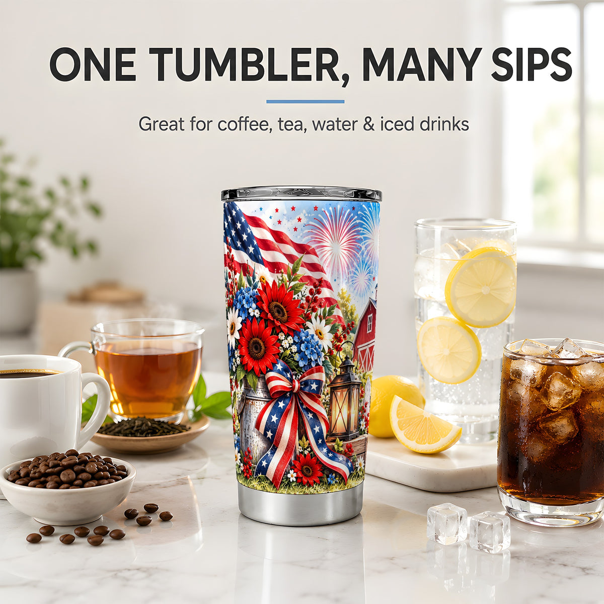 Patriotic Floral 20oz Tumbler, Stainless Steel Americana Drinkware