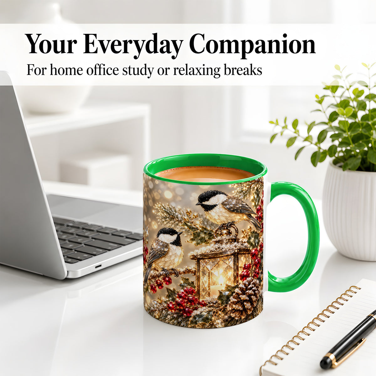 #pl[11oz|Green] Winter Chickadee Ceramic Mug, Lantern and Red Berry Artwork