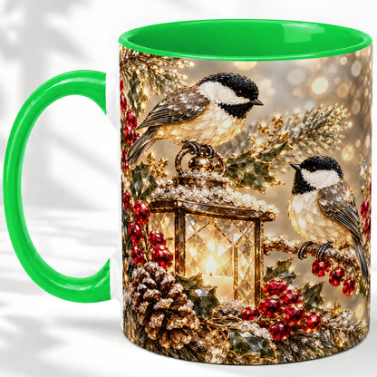 #pl[11oz|Green] Winter Chickadee Ceramic Mug, Lantern and Red Berry Artwork