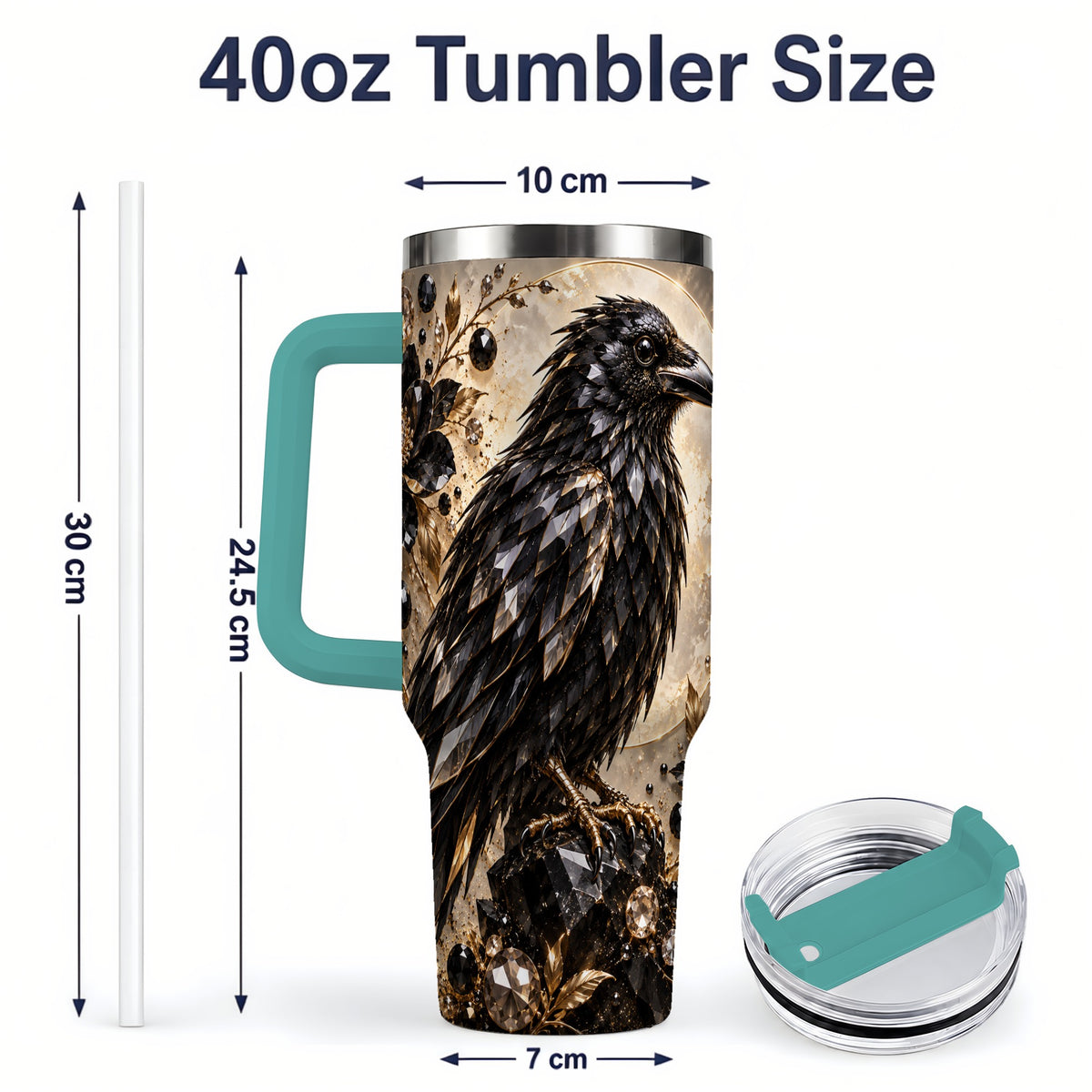 #pl[40oz|Green] Black Raven Floral 40oz Tumbler, Moon and Gem-Inspired Bird Artwork