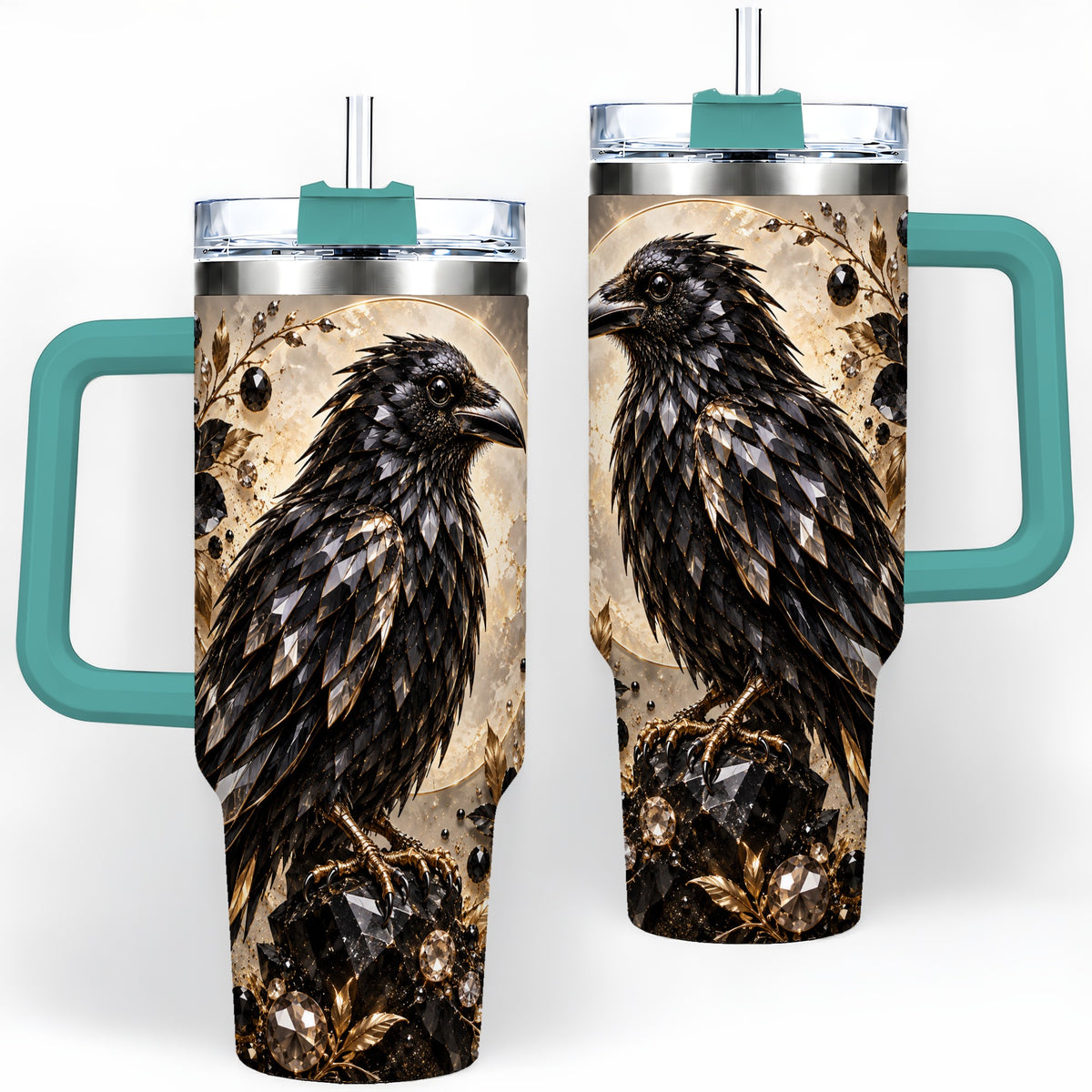 #pl[40oz|Green] Black Raven Floral 40oz Tumbler, Moon and Gem-Inspired Bird Artwork