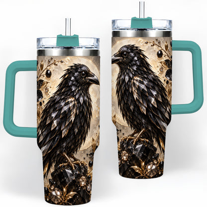 #pl[40oz|Green] Black Raven Floral 40oz Tumbler, Moon and Gem-Inspired Bird Artwork