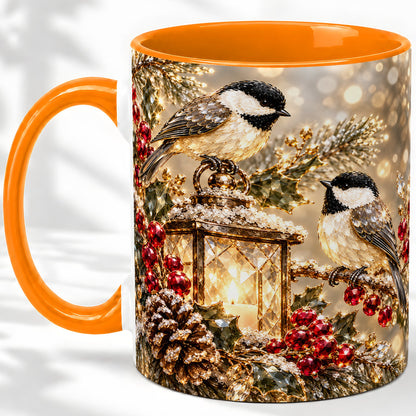 #pl[11oz|Orange] Winter Chickadee Ceramic Mug, Lantern and Red Berry Artwork