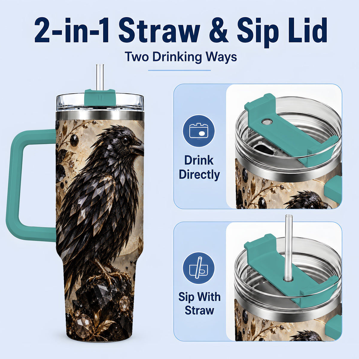 #pl[40oz|Green] Black Raven Floral 40oz Tumbler, Moon and Gem-Inspired Bird Artwork