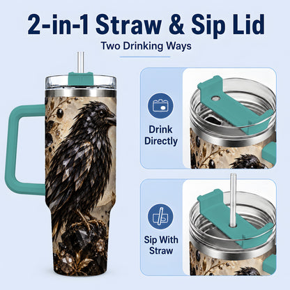 #pl[40oz|Green] Black Raven Floral 40oz Tumbler, Moon and Gem-Inspired Bird Artwork