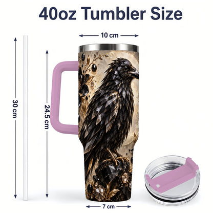 #pl[40oz|Pink] Black Raven Floral 40oz Tumbler, Moon and Gem-Inspired Bird Artwork