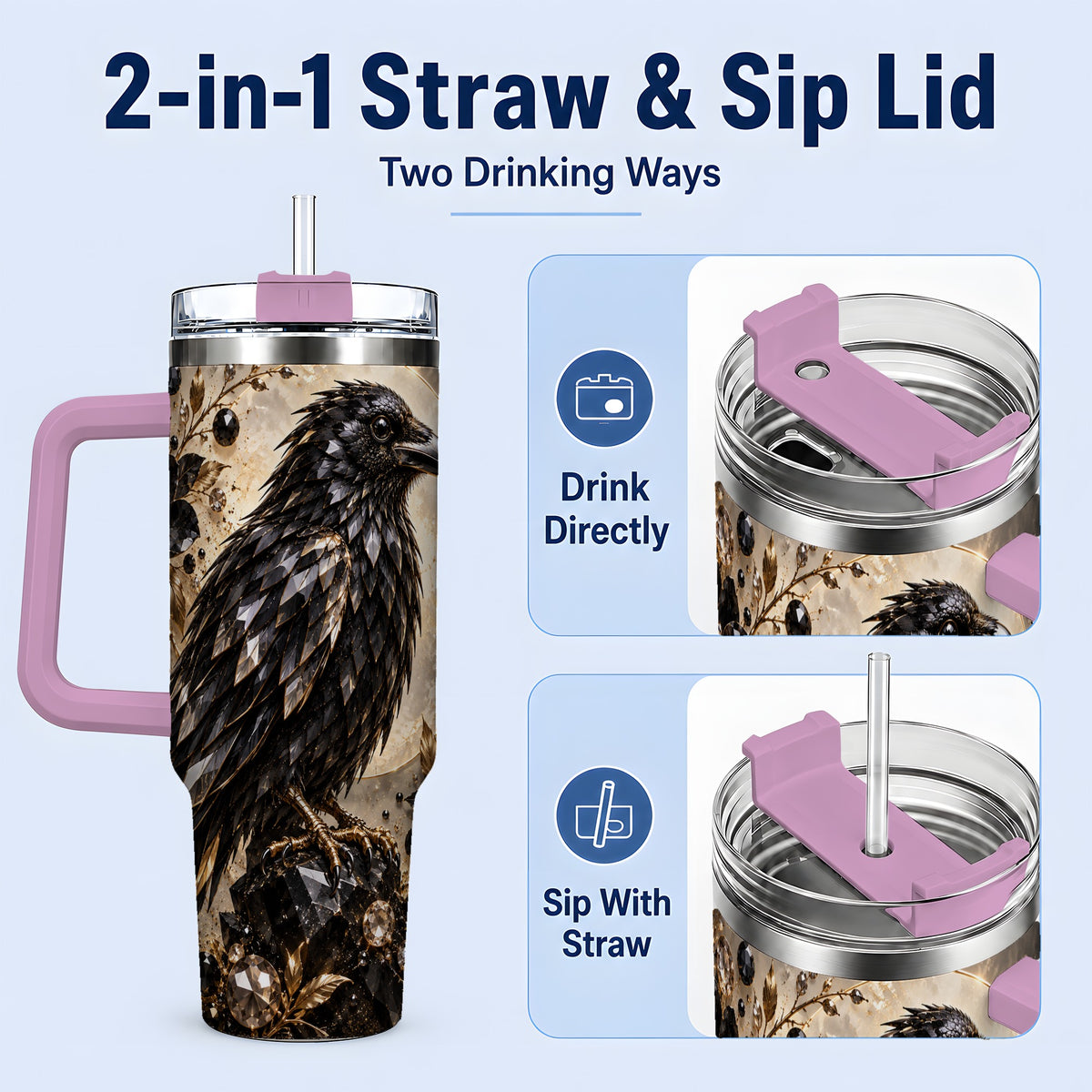 #pl[40oz|Pink] Black Raven Floral 40oz Tumbler, Moon and Gem-Inspired Bird Artwork