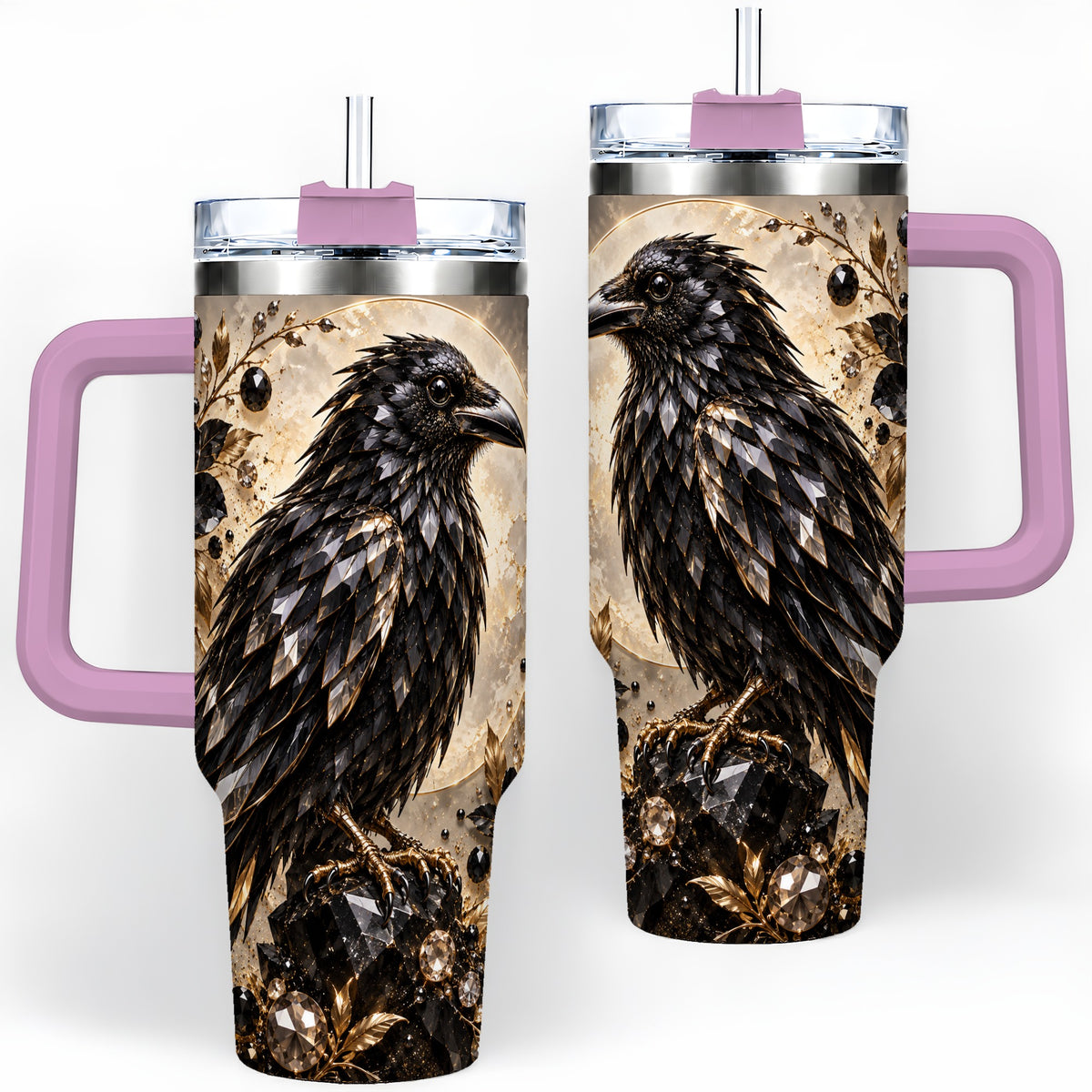 #pl[40oz|Pink] Black Raven Floral 40oz Tumbler, Moon and Gem-Inspired Bird Artwork