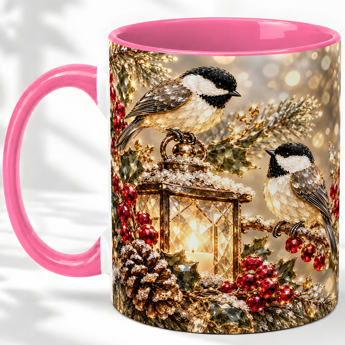 #pl[11oz|Pink] Winter Chickadee Ceramic Mug, Lantern and Red Berry Artwork