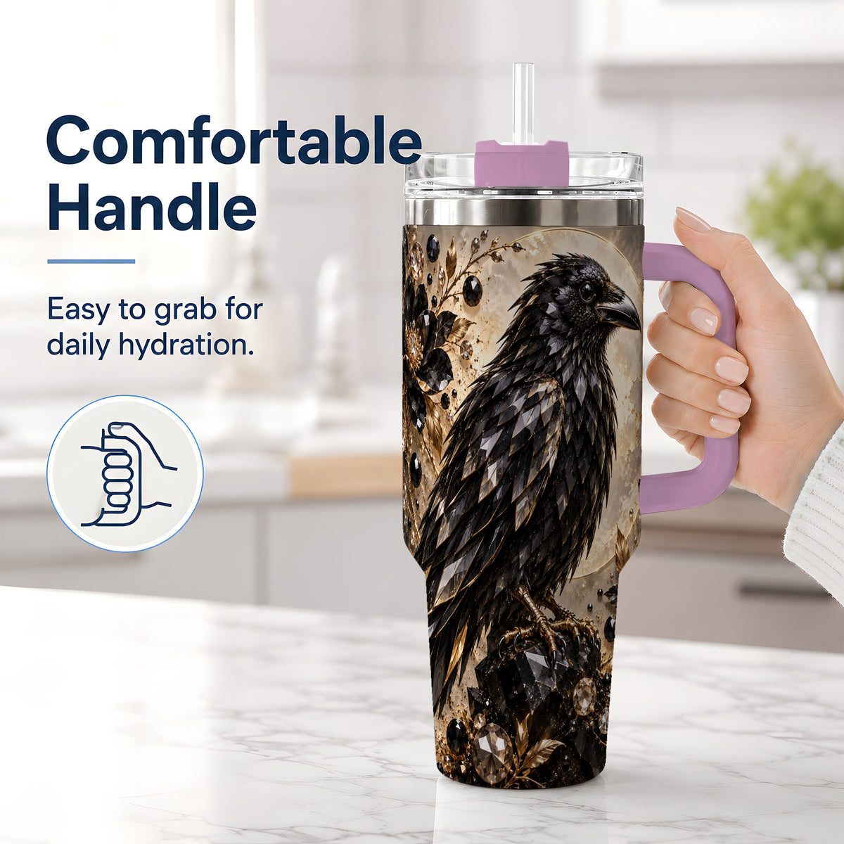 #pl[40oz|Pink] Black Raven Floral 40oz Tumbler, Moon and Gem-Inspired Bird Artwork