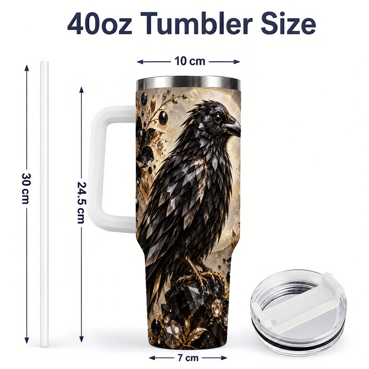 #pl[40oz|White] Black Raven Floral 40oz Tumbler, Moon and Gem-Inspired Bird Artwork
