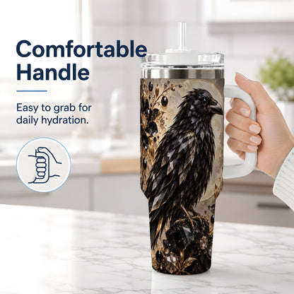 #pl[40oz|White] Black Raven Floral 40oz Tumbler, Moon and Gem-Inspired Bird Artwork