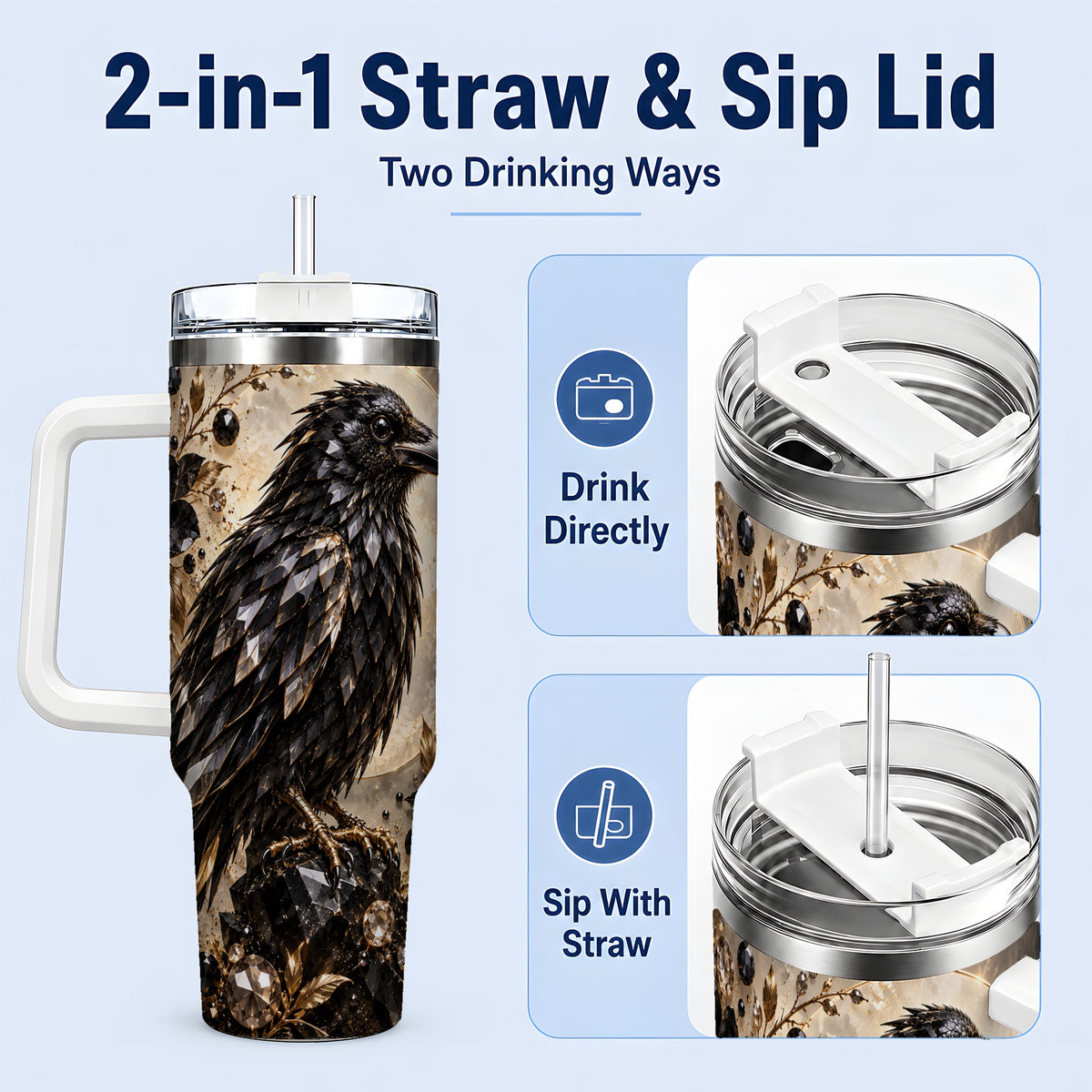 #pl[40oz|White] Black Raven Floral 40oz Tumbler, Moon and Gem-Inspired Bird Artwork