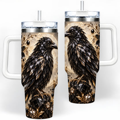 Black Raven Floral 40oz Tumbler, Moon and Gem-Inspired Bird Artwork