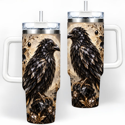 Black Raven Floral 40oz Tumbler, Moon and Gem-Inspired Bird Artwork