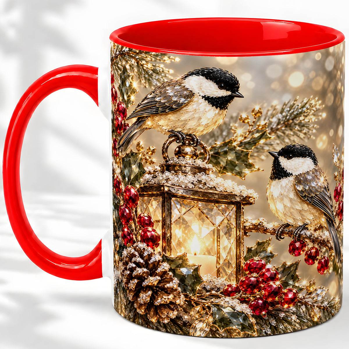 Winter Chickadee Ceramic Mug, Lantern and Red Berry Artwork