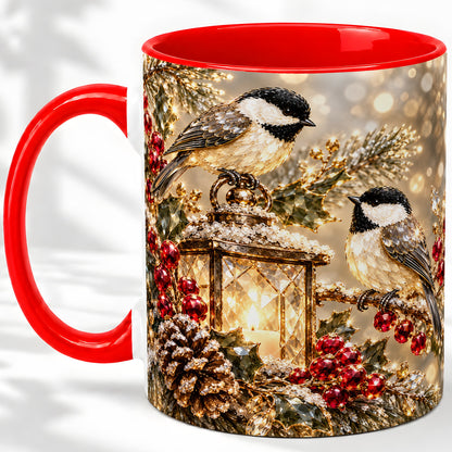 Winter Chickadee Ceramic Mug, Lantern and Red Berry Artwork