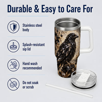 Black Raven Floral 40oz Tumbler, Moon and Gem-Inspired Bird Artwork