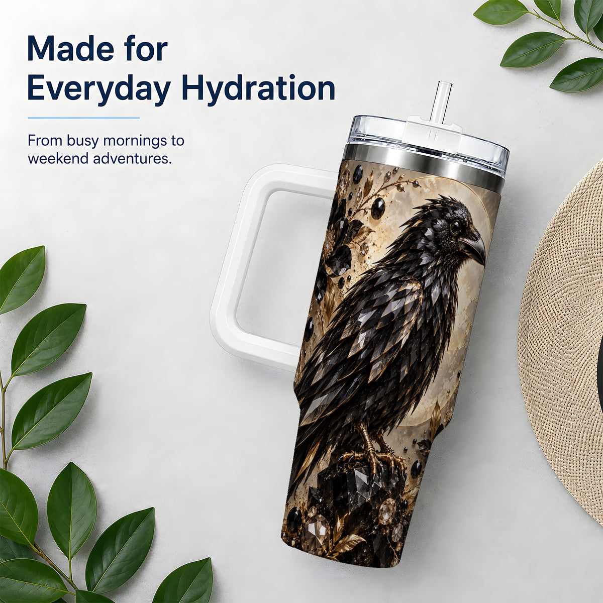 Black Raven Floral 40oz Tumbler, Moon and Gem-Inspired Bird Artwork