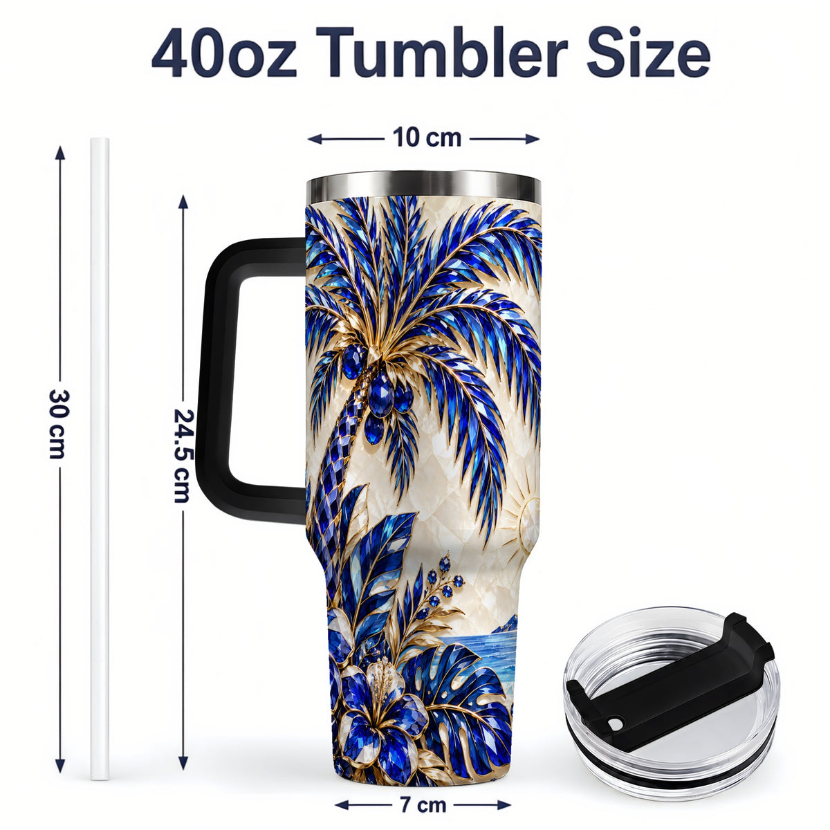 #pl[40oz|Black] Blue Palm Tropical 40oz Tumbler, Floral Coastal Artwork for Daily Use