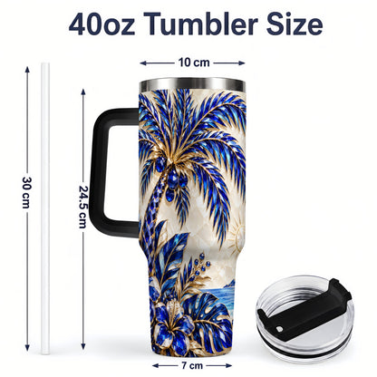 #pl[40oz|Black] Blue Palm Tropical 40oz Tumbler, Floral Coastal Artwork for Daily Use