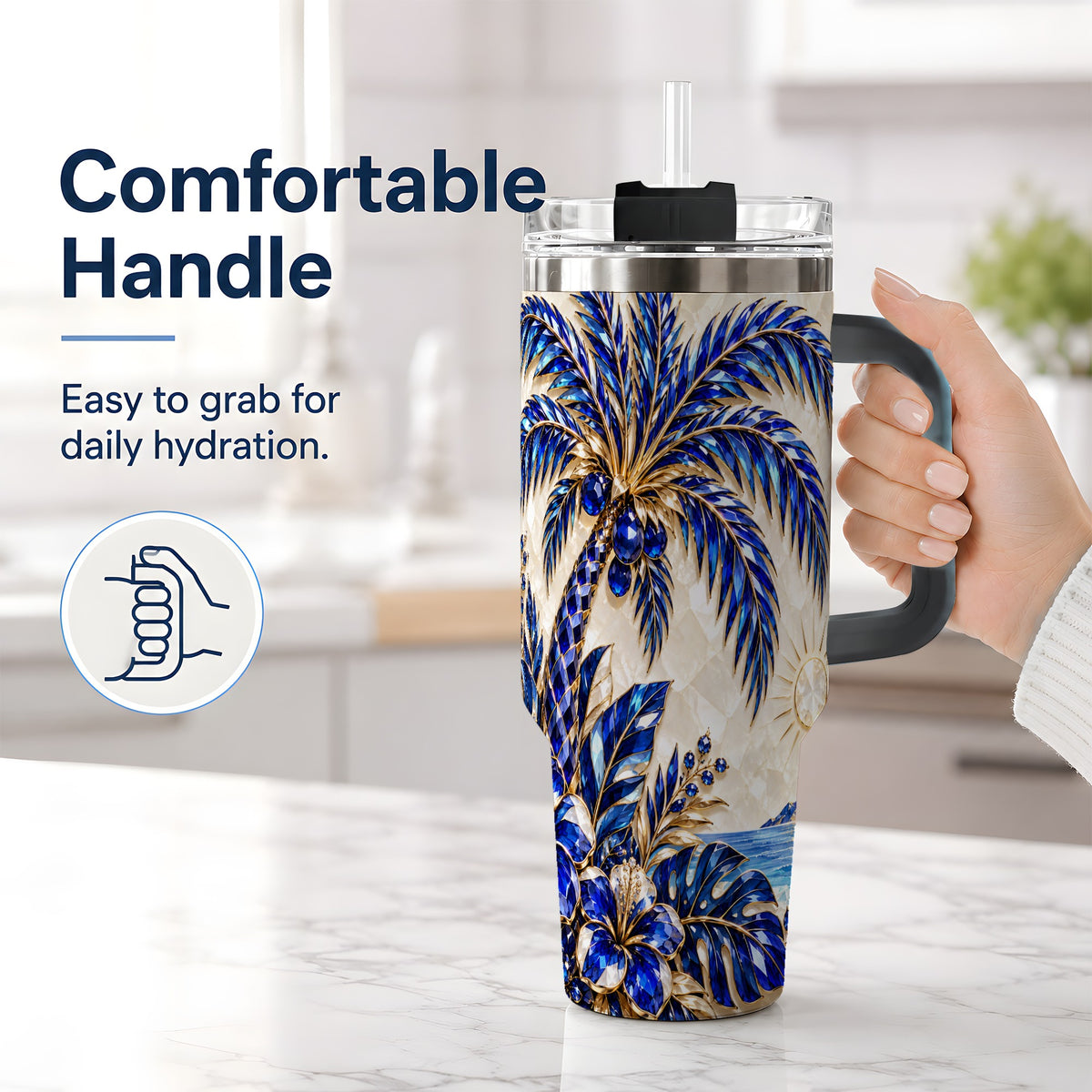 #pl[40oz|Black] Blue Palm Tropical 40oz Tumbler, Floral Coastal Artwork for Daily Use