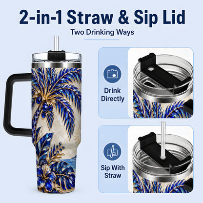 #pl[40oz|Black] Blue Palm Tropical 40oz Tumbler, Floral Coastal Artwork for Daily Use