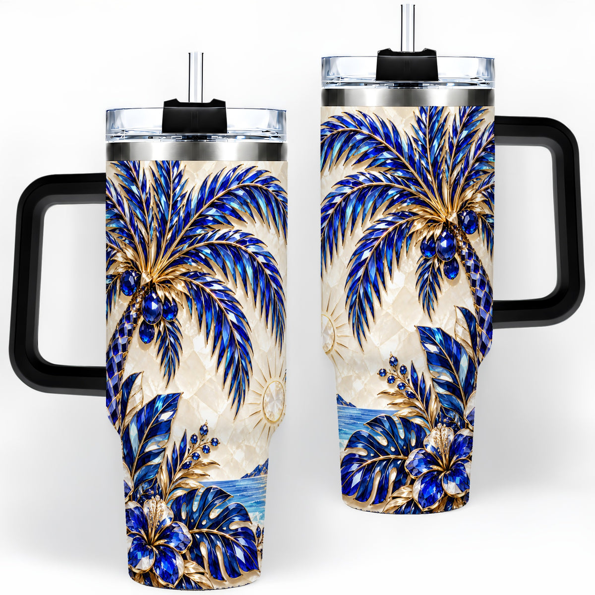 #pl[40oz|Black] Blue Palm Tropical 40oz Tumbler, Floral Coastal Artwork for Daily Use