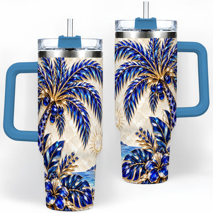 #pl[40oz|Blue] Blue Palm Tropical 40oz Tumbler, Floral Coastal Artwork for Daily Use