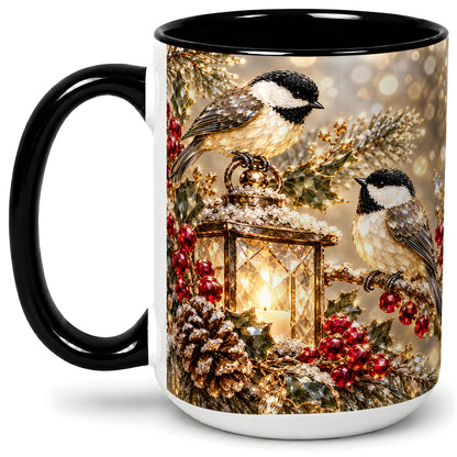#pl[15oz|Black] Winter Chickadee Ceramic Mug, Lantern and Red Berry Artwork