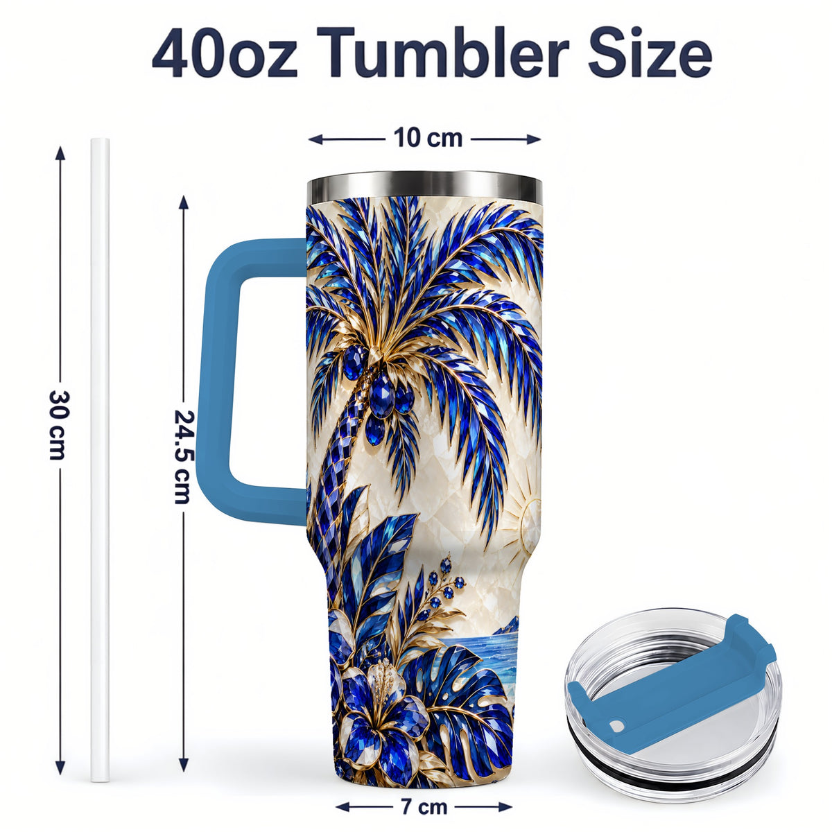 #pl[40oz|Blue] Blue Palm Tropical 40oz Tumbler, Floral Coastal Artwork for Daily Use