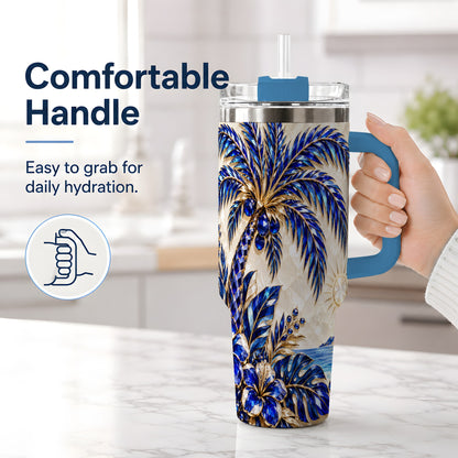 #pl[40oz|Blue] Blue Palm Tropical 40oz Tumbler, Floral Coastal Artwork for Daily Use