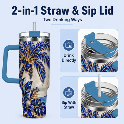 #pl[40oz|Blue] Blue Palm Tropical 40oz Tumbler, Floral Coastal Artwork for Daily Use