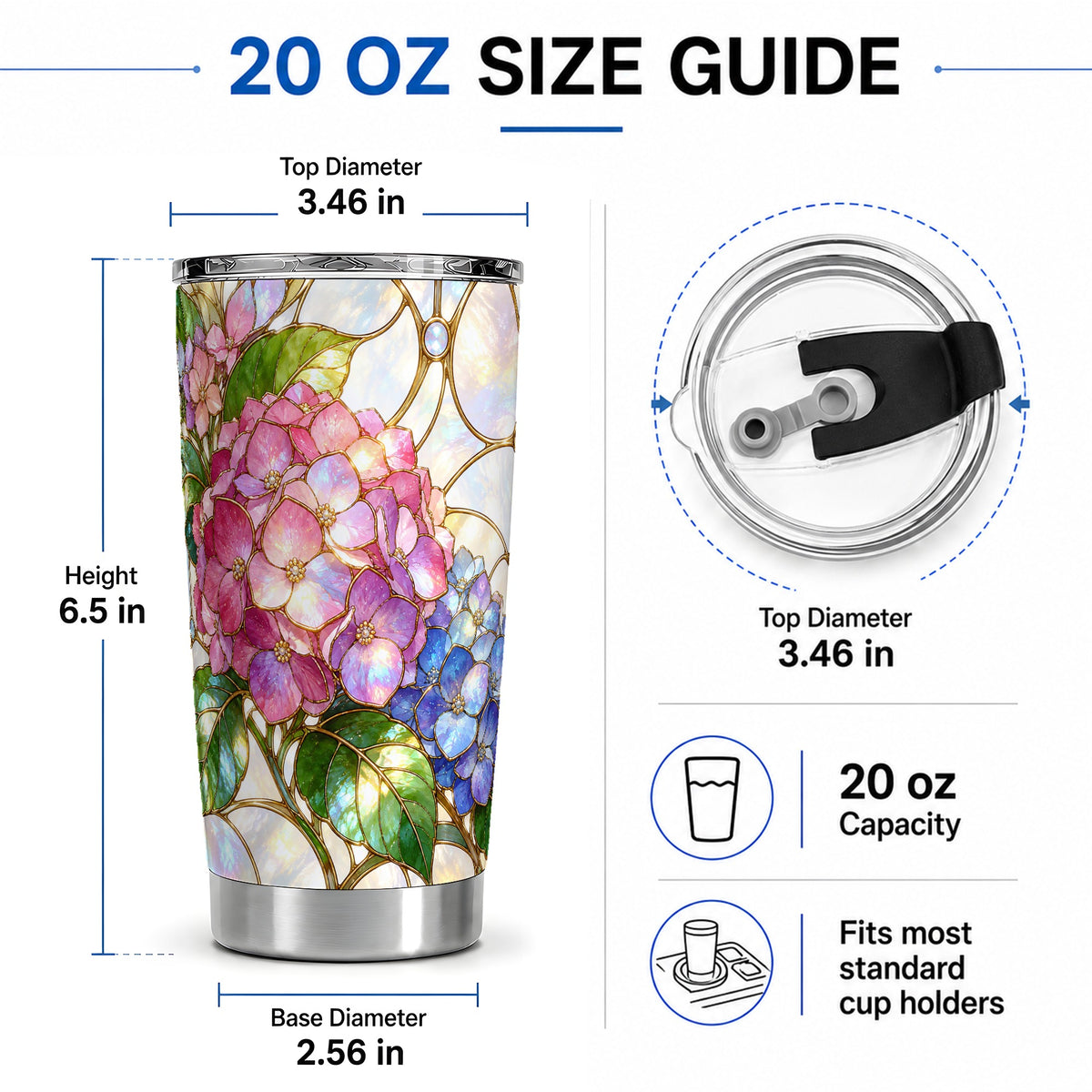 #pl[20oz|Steel] Stained Glass Style Hydrangea 20oz Tumbler, Stainless Steel Drinkware